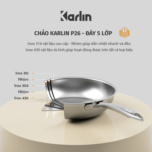 Chảo Karlin Chống Dính Tự Nhiên - P26 - Đáy 5 Lớp - Sâu lòng 7 cm - Đường Kính 26 cm - Nấu Được Trên Mọi Loại Bếp - Không kén bếp