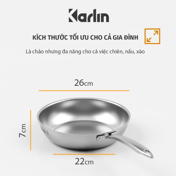 Chảo Karlin Chống Dính Tự Nhiên - P26 - Đáy 5 Lớp - Sâu lòng 7 cm - Đường Kính 26 cm - Nấu Được Trên Mọi Loại Bếp - Không kén bếp