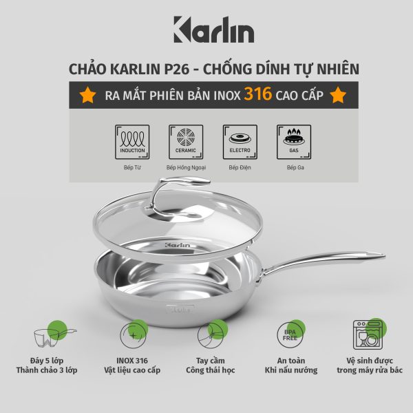 Chảo Karlin Chống Dính Tự Nhiên - P26 - Đáy 5 Lớp - Sâu lòng 7 cm - Đường Kính 26 cm - Nấu Được Trên Mọi Loại Bếp - Không kén bếp