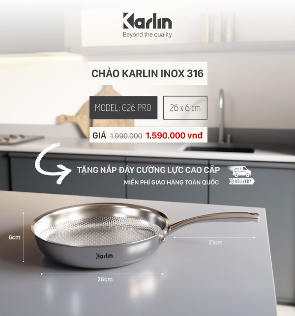Chảo Karlin Chống Dính Tự Nhiên G24 PRO Inox 316 Đáy 4 Lớp 24cm x 5.8cm - Chuẩn Châu Âu